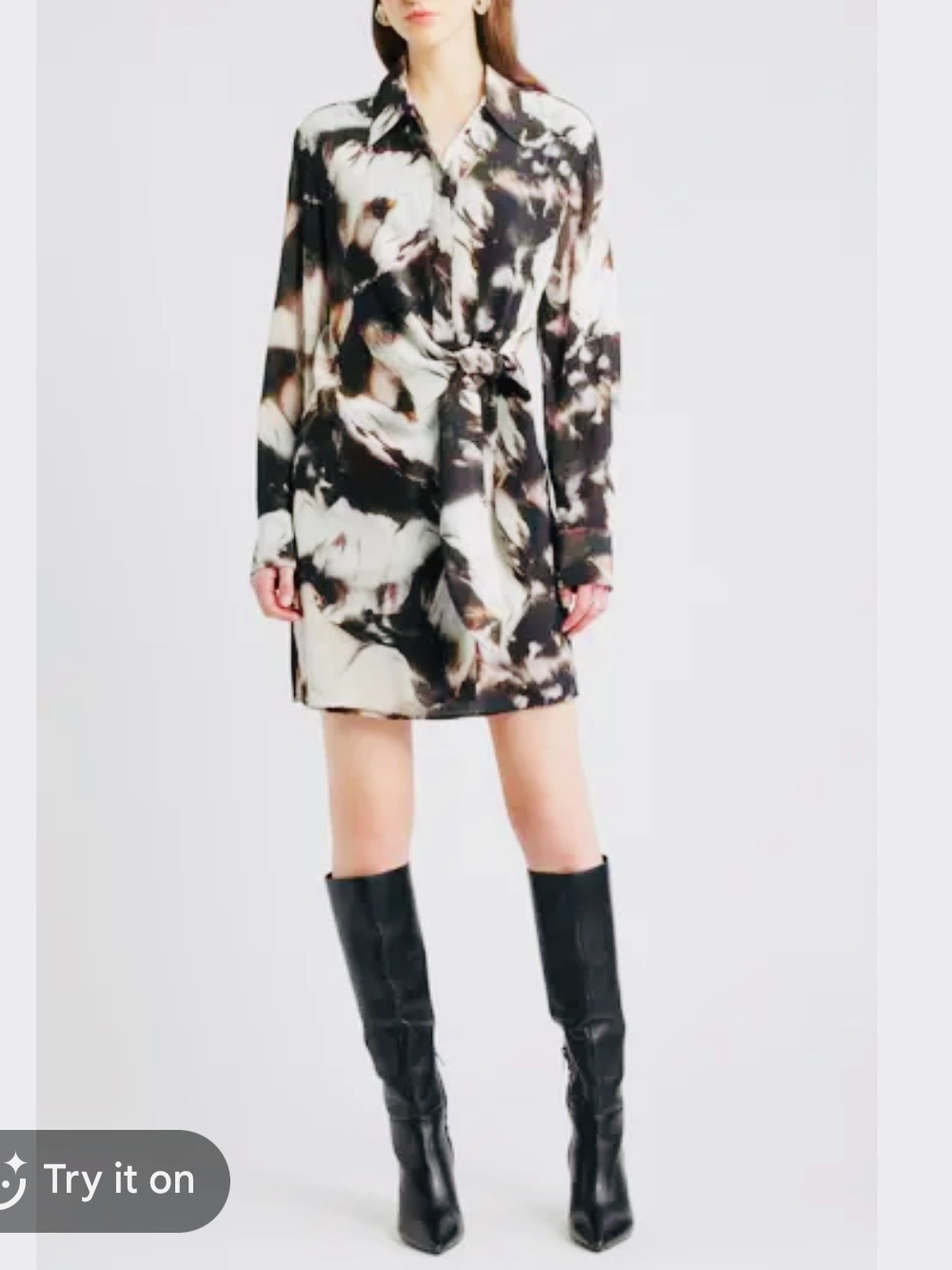 Nordstrom Abstract Tie-Front Long Sleeve Dress in Black and Cream, New w Tags L!
